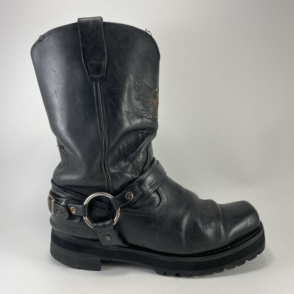 Xelement Black Leather Metal Harness Biker Riding Boots Mens Size 11 M Vibram